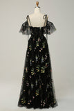 A-Line V-Neck Spaghetti Straps Embroidery Black Long Prom Dress with Slit