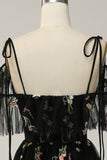 A-Line V-Neck Spaghetti Straps Embroidery Black Long Prom Dress with Slit