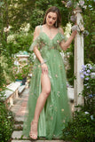 A-Line V-Neck Spaghetti Straps Embroidery Black Long Prom Dress with Slit
