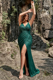 Mermaid Spaghetti Straps Dark Green Sequins Plus Size Prom Dress with Split Front