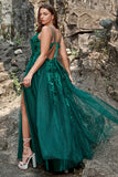 A Line Spaghetti Straps Dark Green Long Prom Dress with Appliques