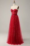 Red Strapless Tulle Corset Wedding Guest Dress