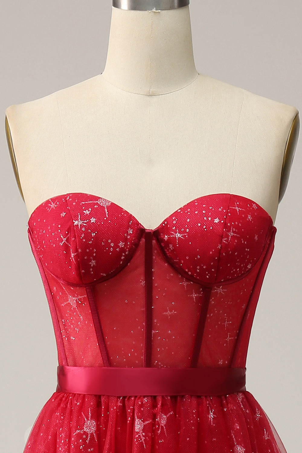 Red Strapless Tulle Corset Wedding Guest Dress