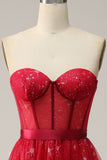 Red Strapless Tulle Corset Wedding Guest Dress