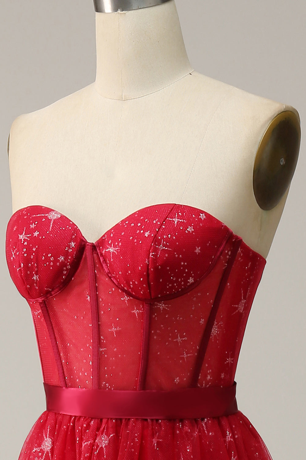 Red Strapless Tulle Corset Wedding Guest Dress