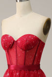 Red Strapless Tulle Corset Wedding Guest Dress