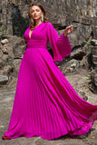 A Line Deep V Neck Dark Fuchsia Plus Size Prom Dress with Long Sleeves