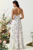 A Line Spaghetti Straps Purple Flower Printed Long Bridesmaid Dress