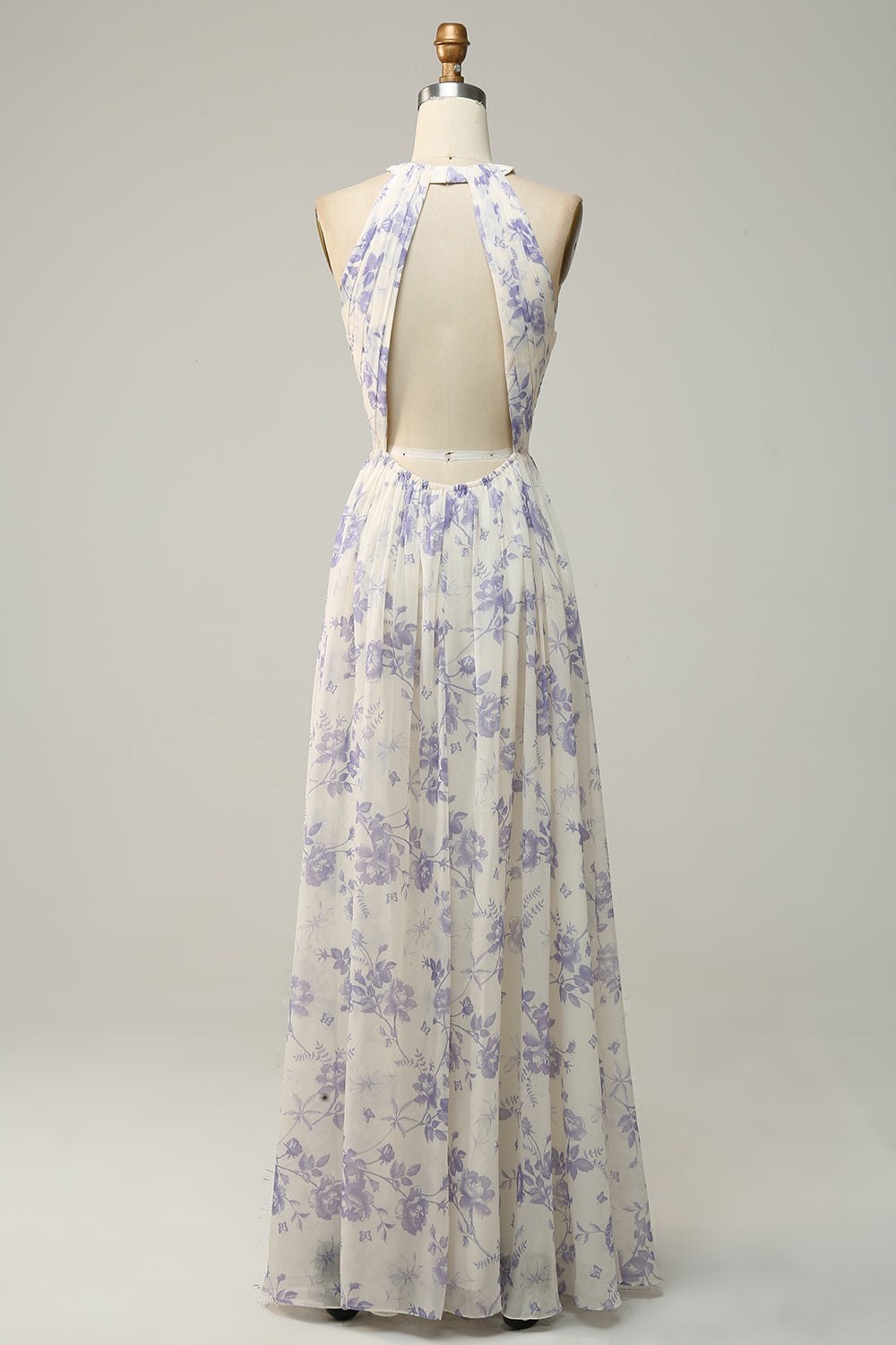 Blue Floral Boho Long Chiffon Bridesmaid Dress