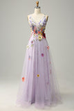 A Line Deep V Neck Lavender Long Prom Dress with Appliques