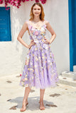 Purple A Line Tea Length Prom Dress with 3D Flowers