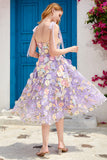 Purple A Line Tea Length Prom Dress with 3D Flowers