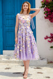 Purple A Line Tea Length Prom Dress with 3D Flowers