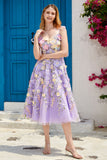 Purple A Line Tea Length Prom Dress with 3D Flowers