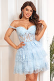 A Line Off the Shoulder Blue Corset Homecoming Dress with Lace