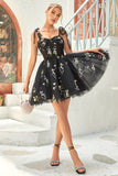 A Line Spaghetti Straps Black Short Homecoming Dress with Appliques