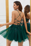 A Line Spaghetti Straps Dark Green Short Homecoming Dress with Appliques