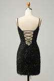 Sheath Spaghetti Straps Black Sequins Short Homecoming Dress with Criss Cross Back