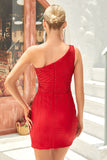 Bodycon One Shoulder Red Short Homecoming Dress with Beading