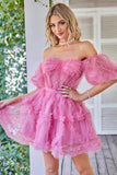 Hot Pink Off the Shoulder Tulle Homecoming Dress