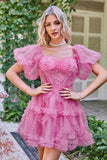Hot Pink Off the Shoulder Tulle Homecoming Dress