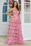 Spaghetti Straps Layered Tulle Prom Dress with Floral Printed