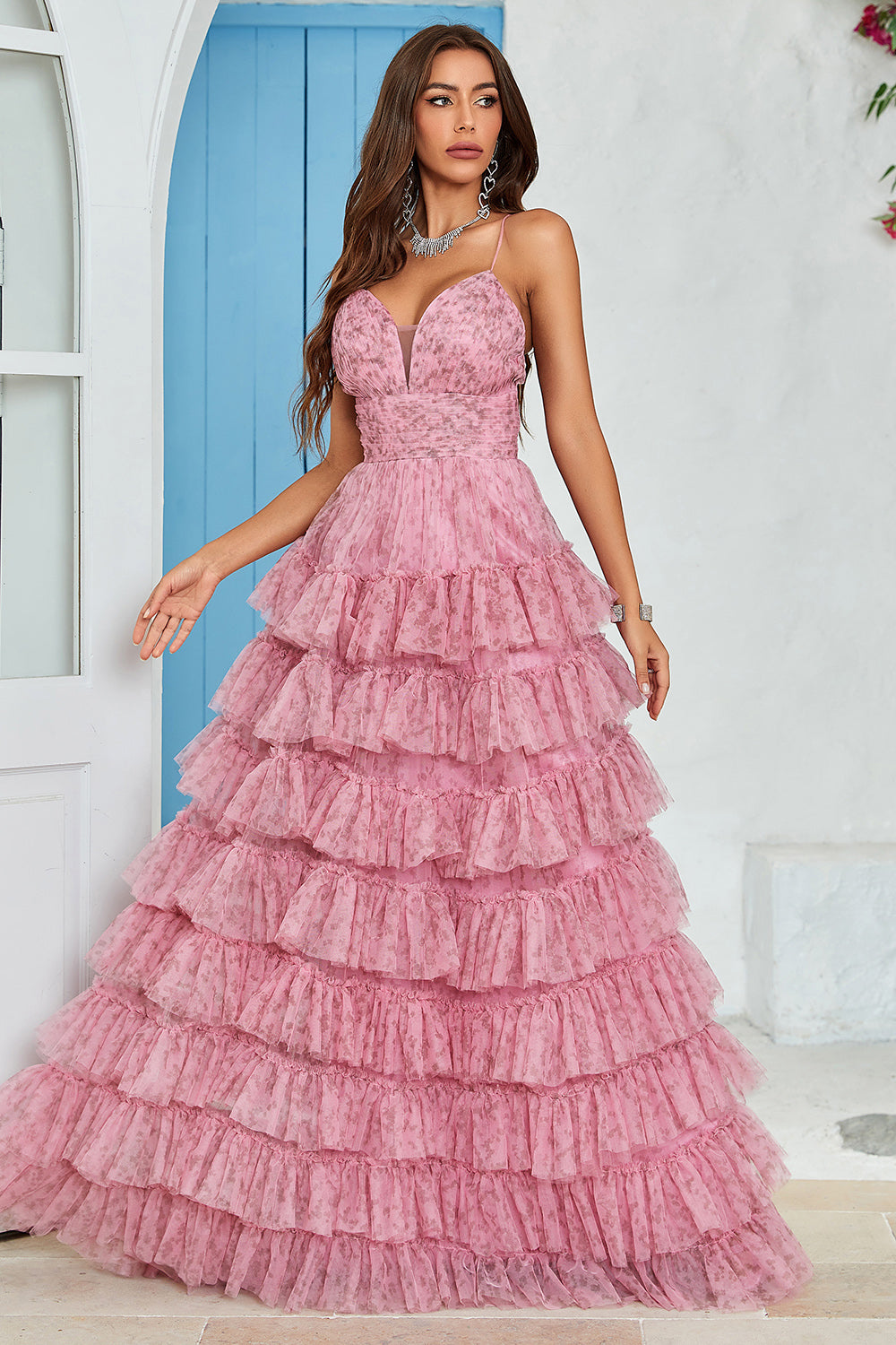 Spaghetti Straps Layered Tulle Prom Dress with Floral Printed