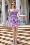 A Line Purple Square Neck Printed Homecoming Dress with Ruffles