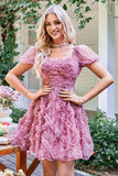 A Line Purple Square Neck Printed Homecoming Dress with Ruffles