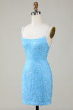 Sparkly Blue Beaded Tight Short Homecoming Dress with Lace Up Back