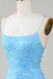 Sparkly Blue Beaded Tight Short Homecoming Dress with Lace Up Back