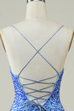 Spaghetti Straps Blue Tight Glitter Homecoming Dress with Beaded