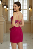 Fuchsia Spaghetti Straps Sparkly Tight Homecoming Dress with Beaded