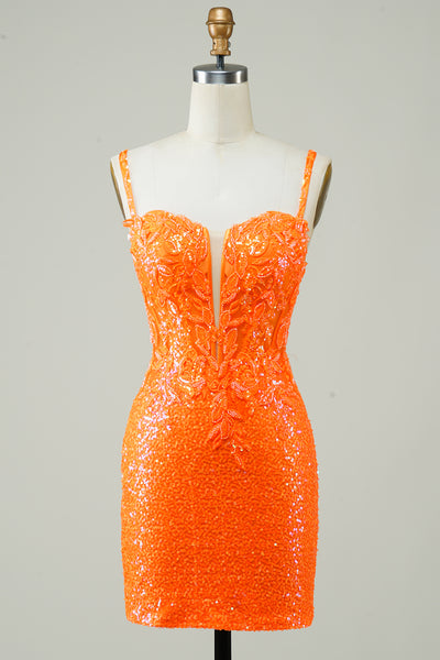 open lace back dress Zapaka Women Glitter Orange Tight Sequin Homecoming Dress with Beaded Lace Up Back Spaghetti Straps Cocktail Dress, Orange / US8