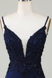 Sparkly Navy Corset Tight Short Homecoming Dress with Lace