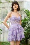 Sparkly A-Line Sequins Tiered Purple Short Corset Homecoming Dress