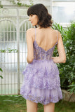 Sparkly A-Line Sequins Tiered Purple Short Corset Homecoming Dress