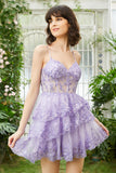 Sparkly A-Line Sequins Tiered Purple Short Corset Homecoming Dress