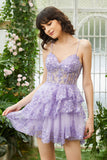 Sparkly A-Line Sequins Tiered Purple Short Corset Homecoming Dress