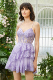 Sparkly A-Line Sequins Tiered Purple Short Corset Homecoming Dress