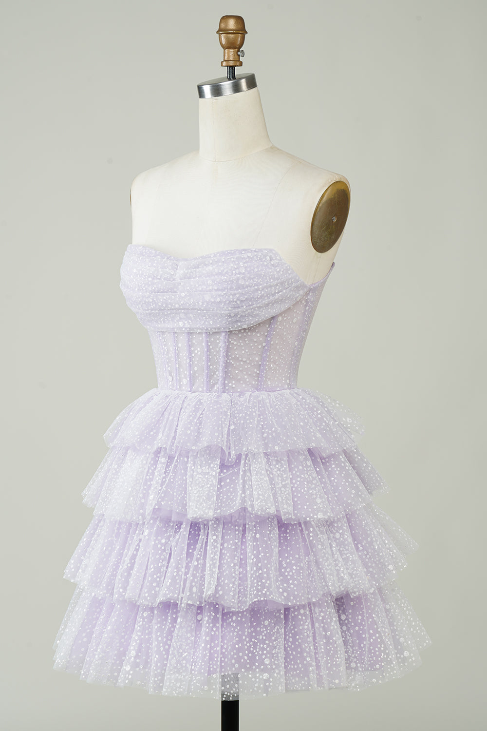 Sparkly Light Purple Strapless Corset Polka Dots Tiered Cute Homecoing Dress