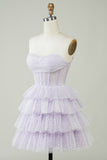 Sparkly Light Purple Strapless Corset Polka Dots Tiered Cute Homecoing Dress