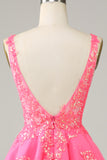 Fuchsia Sequined V Neck Backless Short Homecoming Dress