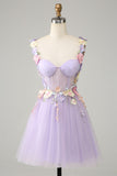 Purple Spaghetti Straps Tulle Homecoming Dress With 3D Flowers