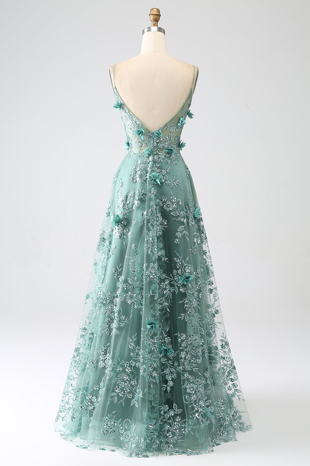 Glitter Grey Green Spaghetti Straps Lace Flower Long Corset Prom Dress