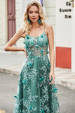 Green Spaghetti Straps A Line Prom Dress with Appliques