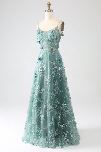 Zapaka Women Glitter Grey Green Lace Flower Long Corset Prom Dress Spaghetti Straps Formal Dress, Dark Green / US4