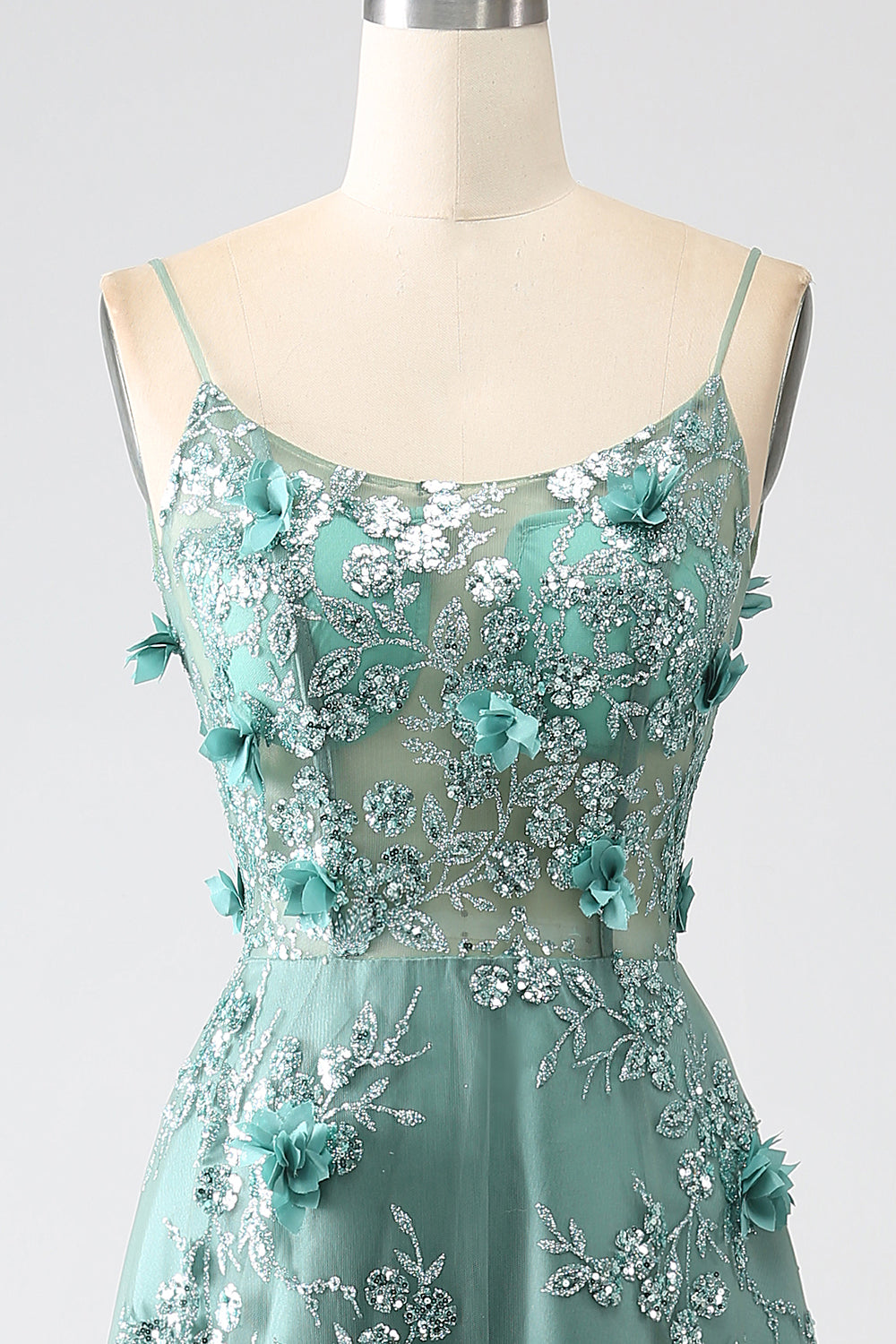 Glitter Grey Green Spaghetti Straps Lace Flower Long Corset Prom Dress
