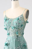 Glitter Grey Green Spaghetti Straps Lace Flower Long Corset Prom Dress