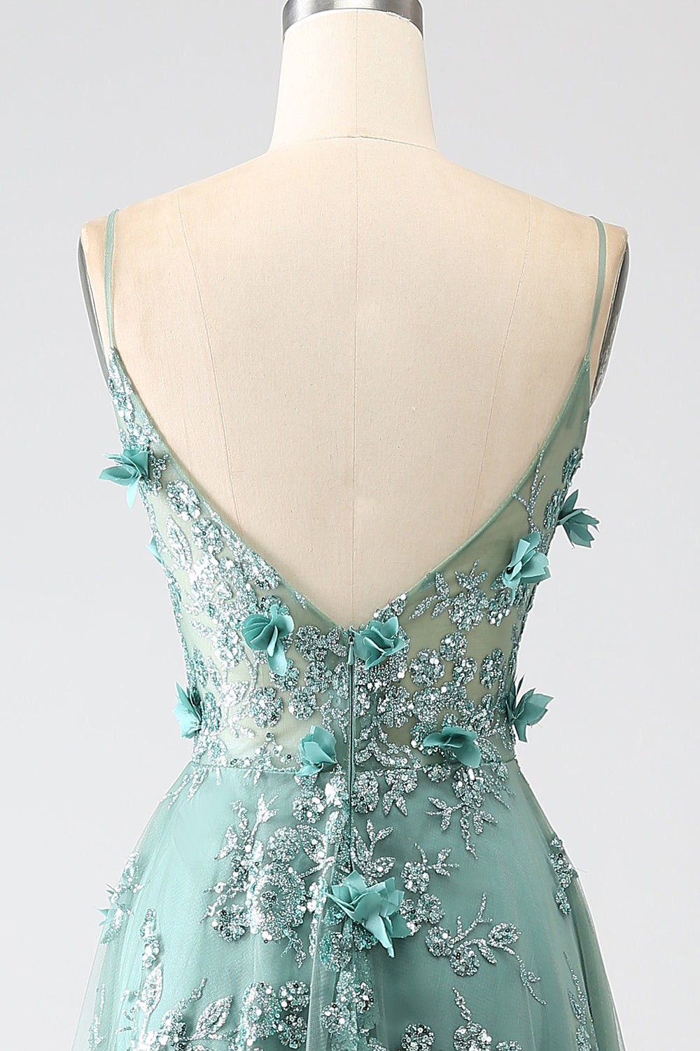 Glitter Grey Green Spaghetti Straps Lace Flower Long Corset Prom Dress